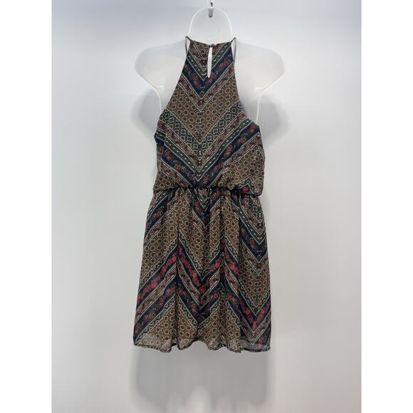 Love Reign Geometric Print Halter Spaghetti Strap Dress Green Red Women’s Size S - Picture 3 of 10